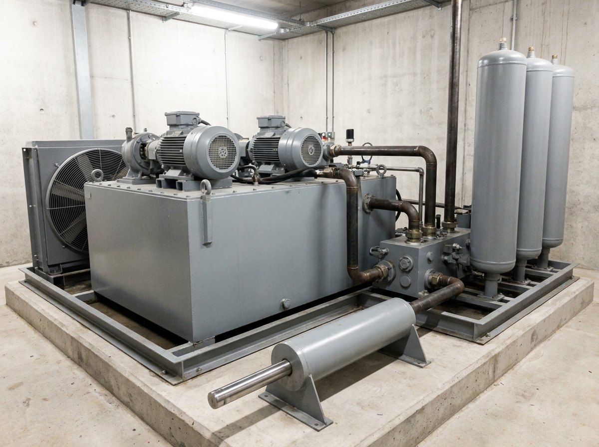 Illustrative image, not a delivered system — a hydraulic power unit in a plant room: a large rectangular steel reservoir with two motor and pump sets on its top deck, a vertical bank of four tall cylindrical accumulators alongside, a manifold block with thick pressure piping between them, a finned cooler with a fan at one end, all plain grey on a concrete plinth with a drip tray, no people and no text