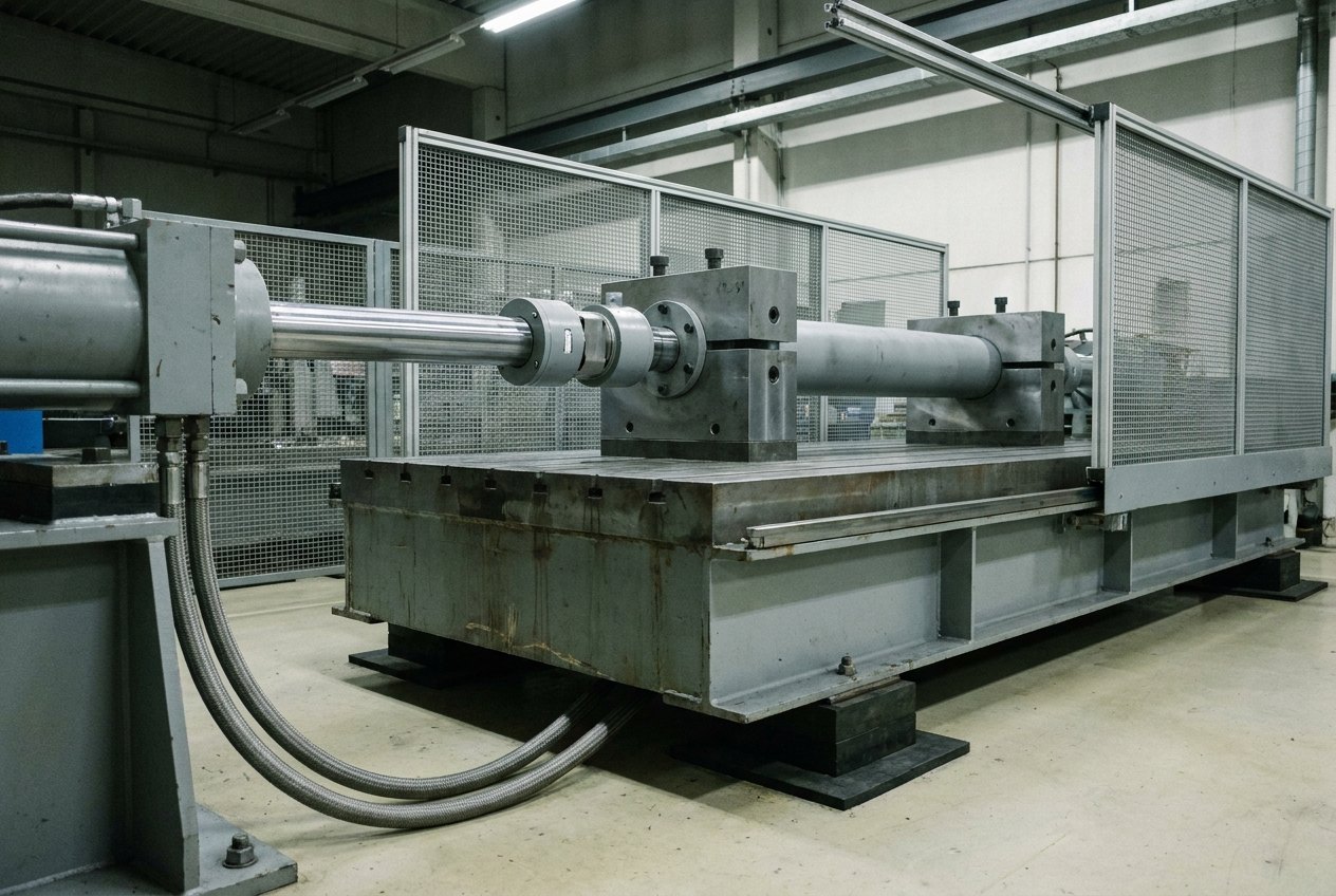 Illustrative image, not a delivered system — a large horizontal hydraulic test rig in an industrial hall: a heavy welded steel bed on isolator pads with a big hydraulic actuator and thick polished rod at one end, a plain smooth steel cylinder about two metres long clamped along the centre in machined fixtures, an inline load cell between actuator and cylinder, mesh guarding partly slid back, braided hoses looping to the floor, no people and no text