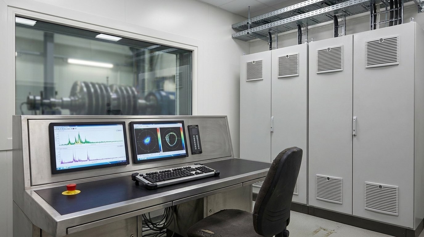 Representative render — control station with vibration-analysis displays and the VFD and PLC cabinet lineup