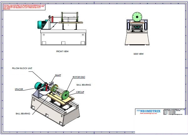 Rotor Dynamics Test Facility engineering drawing — pillow block unit, shaft, rotor disc, ball bearing, spacer and circlip labelled components