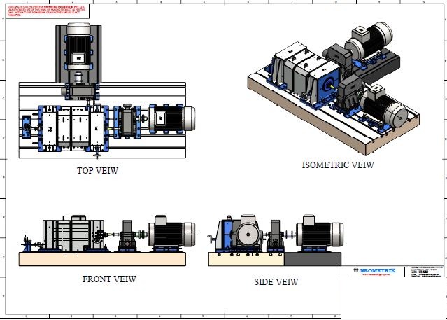 Rotor Dynamics Test Facility general arrangement drawing — top view, isometric view, front view and side view of twin-motor test bench