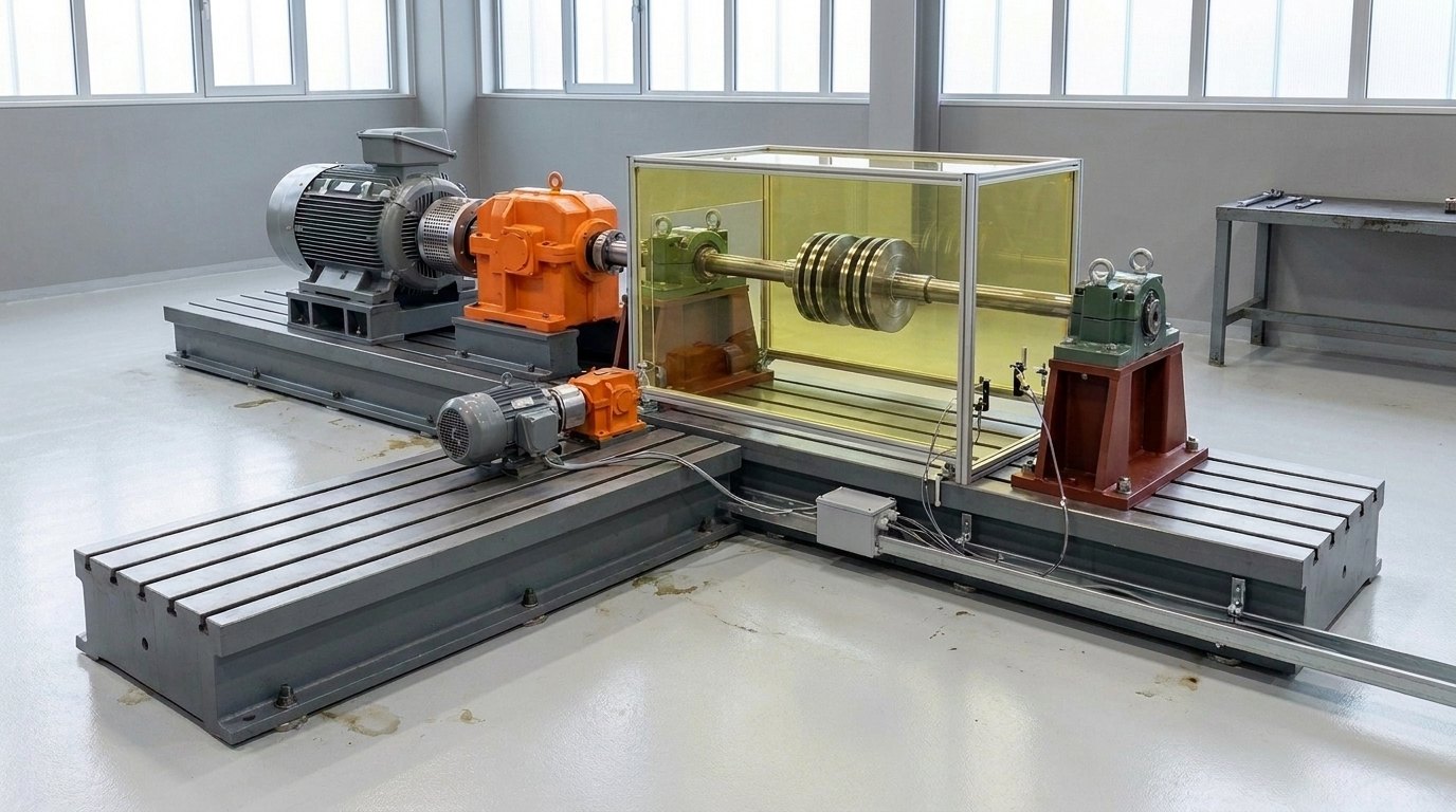 Representative render — rotor dynamics test facility: twin-motor drive lines with step-up gearboxes on a T-slotted cast bed, instrumented pedestals carrying a multi-disc test rotor, and a polycarbonate safety enclosure