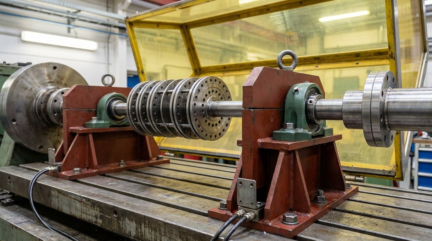 Representative render — instrumented rotor pedestals with bearing housings carrying a multi-disc test rotor on a T-slotted bed, proximity-probe cabling and safety enclosure behind