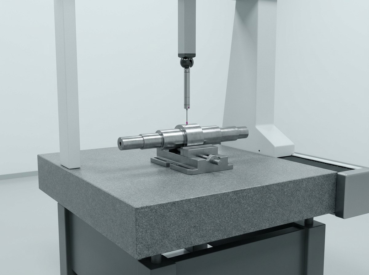 A coordinate measuring machine with its slim probe arm and ruby stylus touching the middle surface of a stepped steel shaft held in a plain fixture on a granite table, and no people