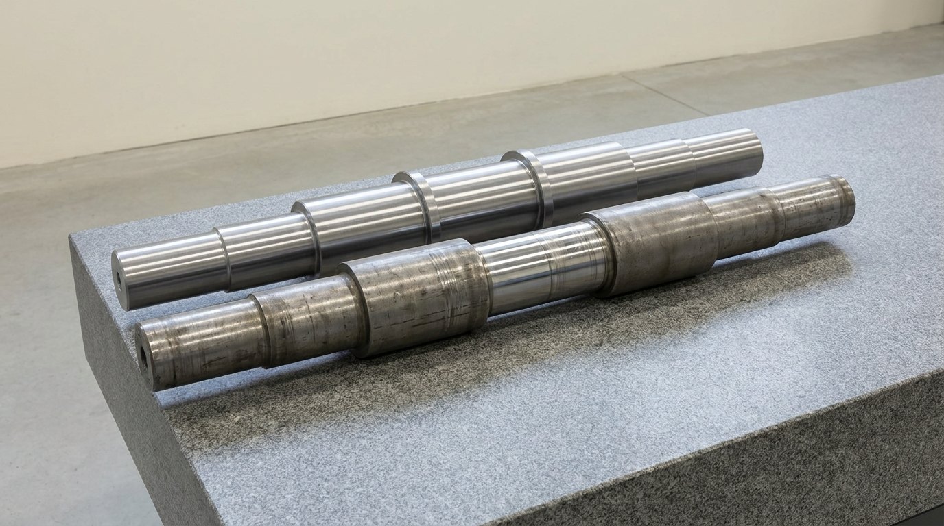 A worn steel shaft with a thinner, scored middle journal in front of a newly machined identical shaft, side by side on a granite inspection surface plate, and no people