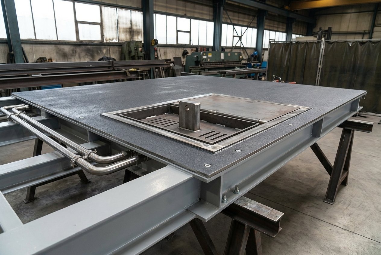 Illustrative of the class — a heavy steel deck section on trestles in a fabrication workshop, its upper face finished in dark-grey non-slip deck paint, with a restraining gear unit set flush into the middle: a long recessed steel housing with bare machined edges, a heavy hinged cover plate lying flush with the deck surface, a stout bare machined steel holding element upright in the centre of the recess, drainage slots along the recess edges, welded steel framing beneath and stainless hydraulic pipework to one end, no people, no aircraft and no readable markings
