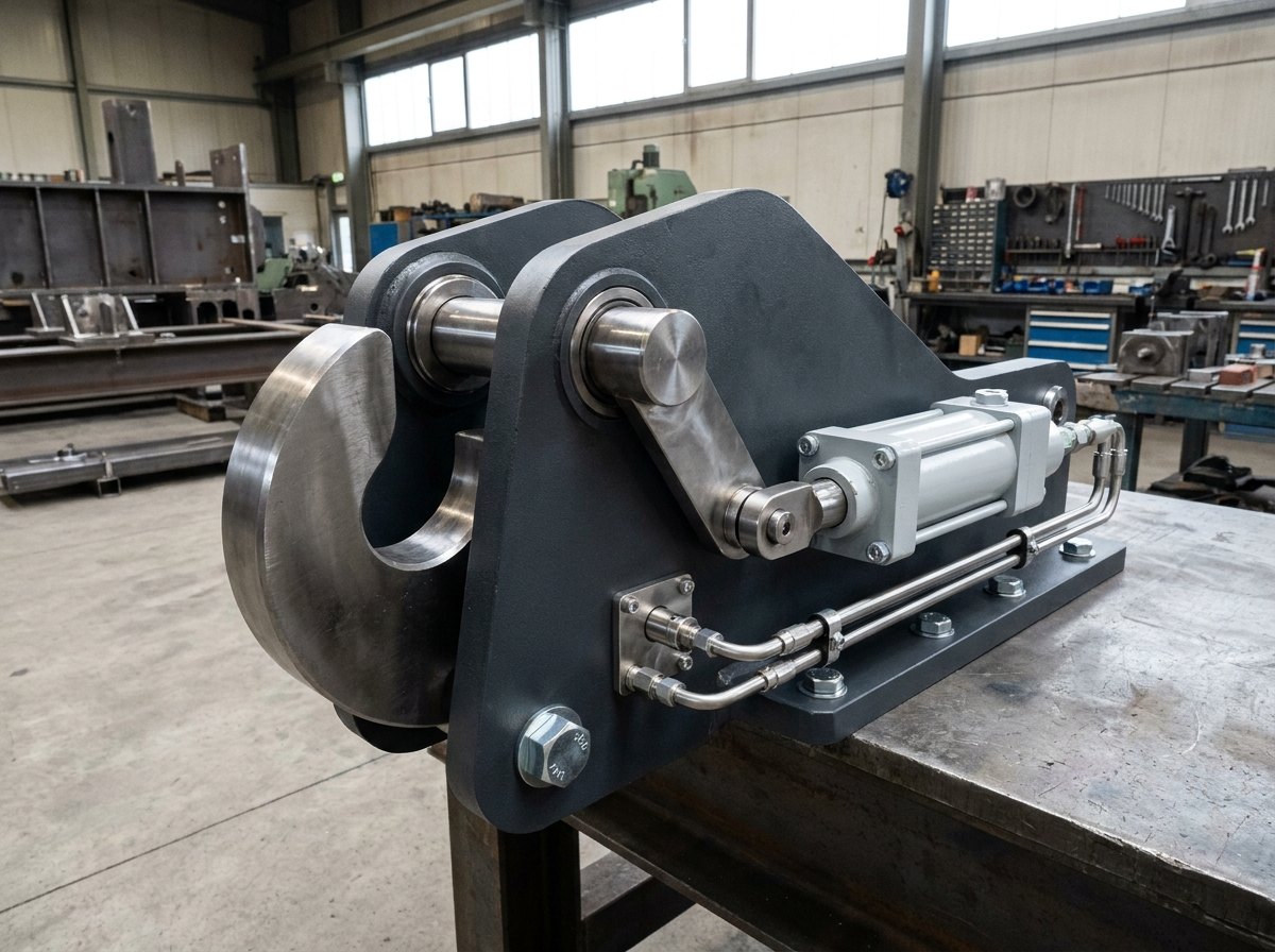 Illustrative of the class — close view of a heavy restraint and release mechanism on a workshop bench: a massive bare machined steel body with a stout pivoting hook-like holding element in the centre, a heavy cross pin through polished bearing bores, a compact light-grey painted hydraulic actuator bolted to the side driving the release linkage, two stainless high-pressure hydraulic lines with clean fittings, a stainless position sensor on a machined bracket and heavy high-tensile bolts around a mounting flange, no people, no aircraft and no readable markings