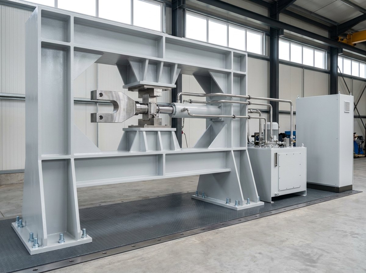 Illustrative of the class — a heavy full-load test rig in a fabrication workshop: a stout light-grey painted steel load frame of thick welded box sections and heavy gussets bolted to a machined steel floor plate, a large horizontal hydraulic cylinder acting through a bare machined steel clevis onto a test specimen at the centre, a stainless load cell in the load path, heavy tie rods, thick stainless hydraulic pipework running to a light-grey hydraulic power pack beside the frame and a plain unmarked instrumentation cabinet with blank panels behind, no people, no aircraft and no readable markings