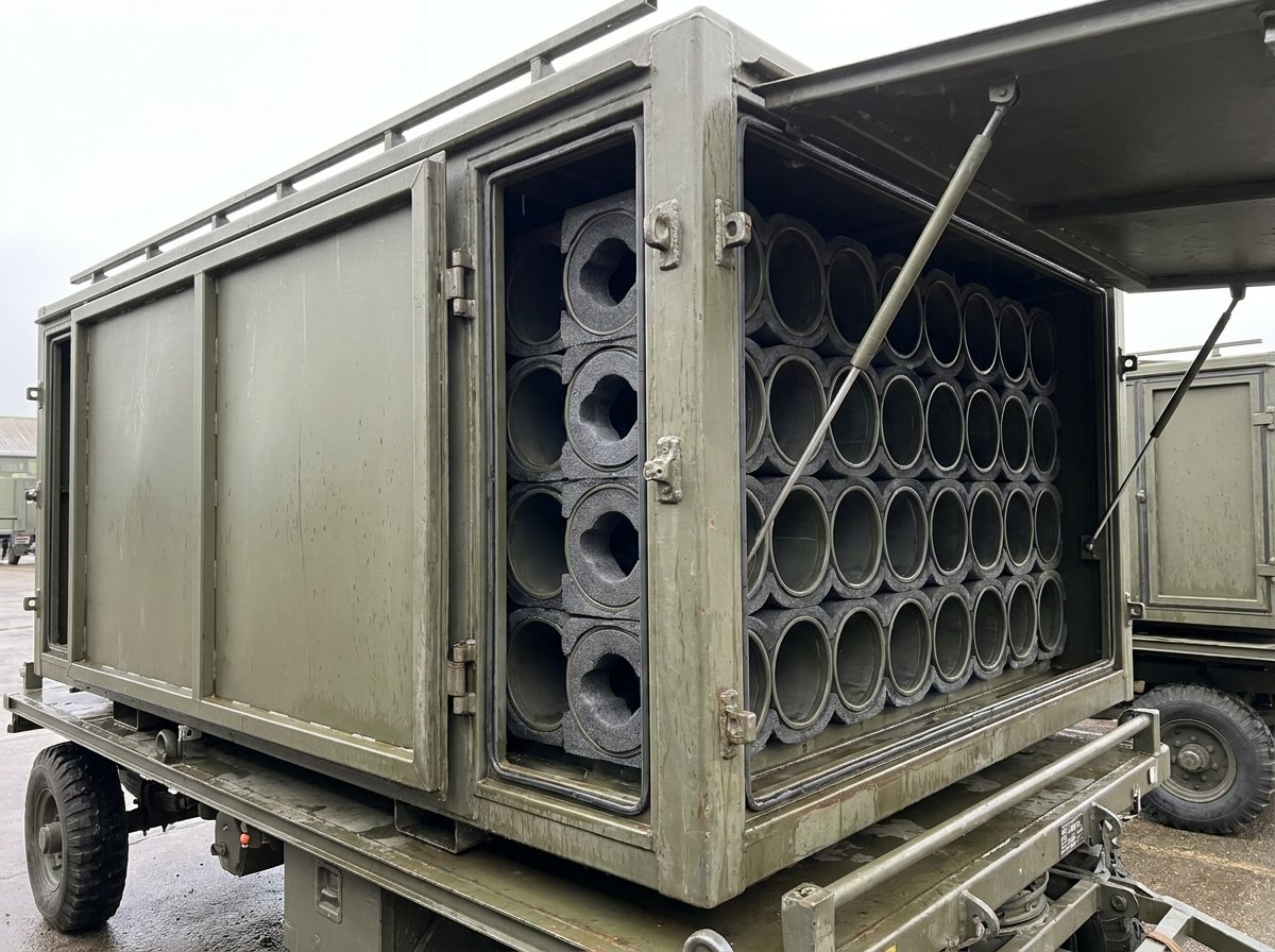 Rocket transport module with both hinged doors held open on stay rods, showing a grid of empty circular transport tubes lined with contoured foam inserts