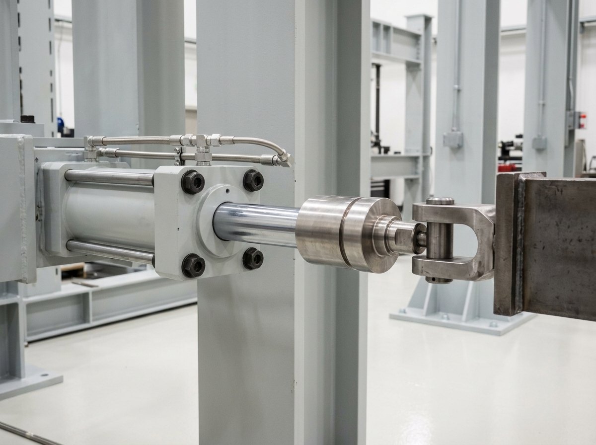 Illustrative of the class — close view of the load train on a structural test rig: a large hydraulic actuator in light-grey painted steel with a polished chrome rod extended, a cylindrical bare machined stainless load cell bolted in line at the rod end, a heavy machined steel clevis and pin joining it to a short spreader beam of thick steel plate, two stainless high-pressure hydraulic hoses with clean fittings running back along the actuator body, and high-tensile bolts through the mounting flange into a thick painted steel column, no people, nothing running and no readable markings