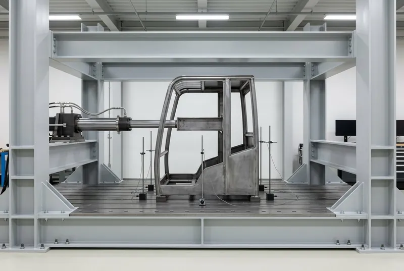 Illustrative of the class — a very heavy structural test reaction frame of thick light-grey painted steel box columns and deep cross beams bolted to a machined steel strong floor, holding a bare welded steel operator cab structure in unpainted mill-finish steel with no panels, no glazing and no badges, bolted to a base plate; a large horizontal hydraulic actuator presses through a bare machined steel spreader beam against one side of the cab structure, stainless hydraulic lines run to it and slim measurement rods stand on magnetic bases around the specimen, no people, nothing running and no readable markings