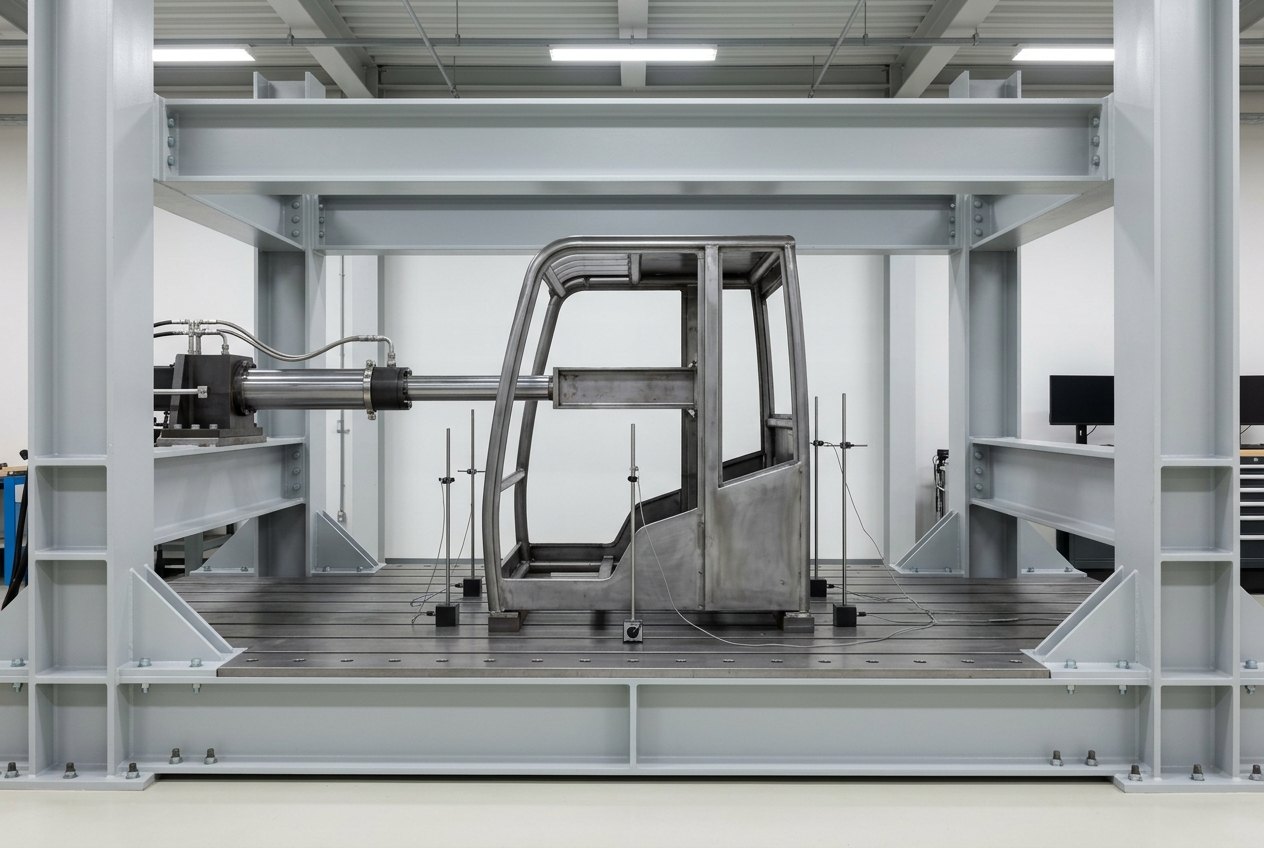 Illustrative of the class — a very heavy structural test reaction frame of thick light-grey painted steel box columns and deep cross beams bolted to a machined steel strong floor, holding a bare welded steel operator cab structure in unpainted mill-finish steel with no panels, no glazing and no badges, bolted to a base plate; a large horizontal hydraulic actuator presses through a bare machined steel spreader beam against one side of the cab structure, stainless hydraulic lines run to it and slim measurement rods stand on magnetic bases around the specimen, no people, nothing running and no readable markings
