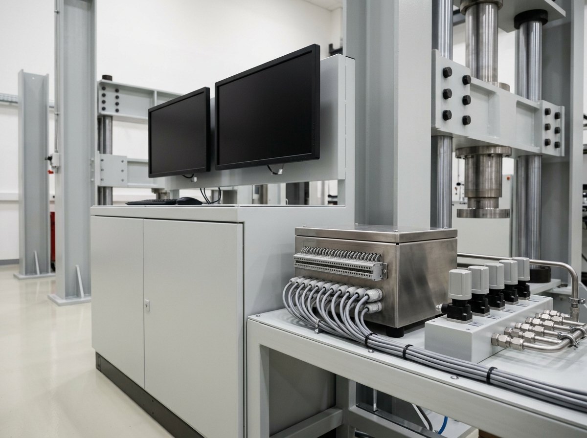 Illustrative of the class — the instrumentation and control station of a structural test laboratory: a plain light-grey painted steel instrument cabinet with completely blank unmarked front panels and two dark switched-off flat screens above it, a compact stainless signal conditioning enclosure with rows of plain unmarked terminal blocks and neat grey cabling entering through tidy glands, a slim light-grey hydraulic control manifold with plain unmarked valve actuators alongside, and the heavy grey columns of a structural test frame blurred behind, no people, nothing running and no readable markings