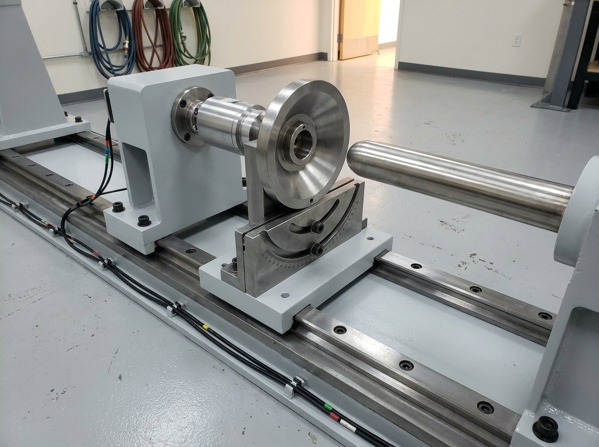 Illustrative of the class — the engagement end of a test rig in a clean laboratory: a machined steel coupling fixture with a central circular receptacle mounted on a low carriage running on two parallel hardened steel linear rails bolted to a machined baseplate, facing the rounded tip of a polished stainless steel tube held opposite, a graduated adjustable angle plate with curved slots and clamping bolts beneath the fixture so it can be set off-axis, a bright cylindrical load cell mounted behind the receptacle, thin instrumentation cables clipped along the baseplate edge, no people and no readable markings