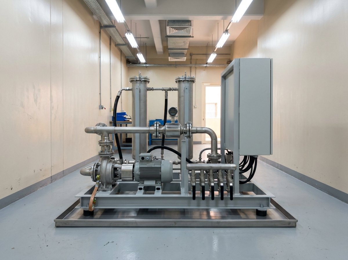 Illustrative of the class — a fluid conditioning skid on a clean laboratory floor: a fresh-grey painted steel baseplate frame carrying a horizontal pump with an electric motor on machined mounting pads, bright stainless steel pipework running between two tall cylindrical filter housings, a polished inline flow meter body flanged into the pipe run, a compact manifold of hand valves with black handles, a plain light-grey control cabinet with a blank closed door at one end, a shallow stainless drip tray beneath the skid and a braided earth bonding strap clamped to the frame, no people and no readable markings