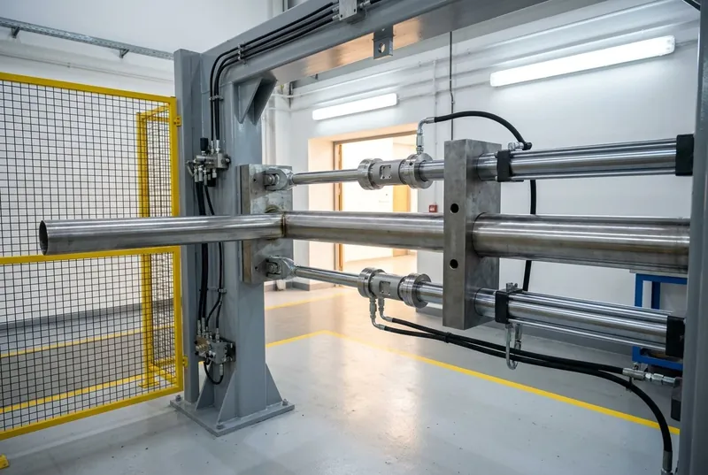Illustrative of the class — a structural test rig in a clean laboratory bay: a heavy welded steel portal reaction frame painted fresh grey, with a long straight polished stainless steel tube held horizontally at its root in a thick machined steel interface bracket bolted through the frame, two large hydraulic actuators with bright clevis ends and chrome rods attached to the tube through machined load-spreading collars, a bright cylindrical inline load cell between each actuator rod and its clevis, black hydraulic hoses running in a tidy parallel bundle to a manifold block, a yellow-framed mesh safety guard standing open at one side, no people and no readable markings