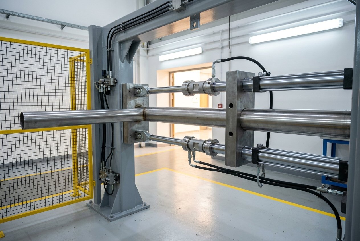 Illustrative of the class — a structural test rig in a clean laboratory bay: a heavy welded steel portal reaction frame painted fresh grey, with a long straight polished stainless steel tube held horizontally at its root in a thick machined steel interface bracket bolted through the frame, two large hydraulic actuators with bright clevis ends and chrome rods attached to the tube through machined load-spreading collars, a bright cylindrical inline load cell between each actuator rod and its clevis, black hydraulic hoses running in a tidy parallel bundle to a manifold block, a yellow-framed mesh safety guard standing open at one side, no people and no readable markings