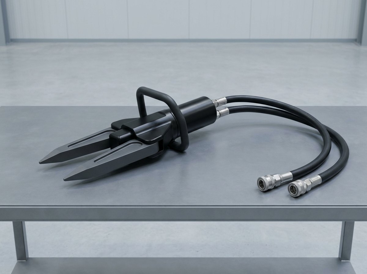 A single hydraulic rescue spreader tool on a grey steel bench: a compact black body with a black grip handle and two dark grey steel arms with tapered tips opened slightly apart, and two plain black hoses with stainless dry-break couplers curving away from its rear, and no people