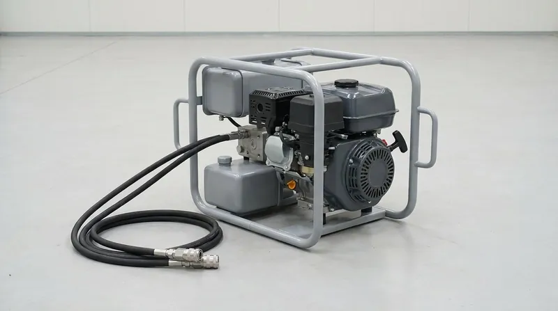 A single portable petrol-engine hydraulic power unit in a clean test hall: a tubular grey steel carrying frame with two side handles holding a small plain petrol engine with a recoil start, a hydraulic pump block, a grey oil reservoir and a grey fuel container, with two plain black hoses and stainless dry-break couplers coiled on the floor beside it, and no people