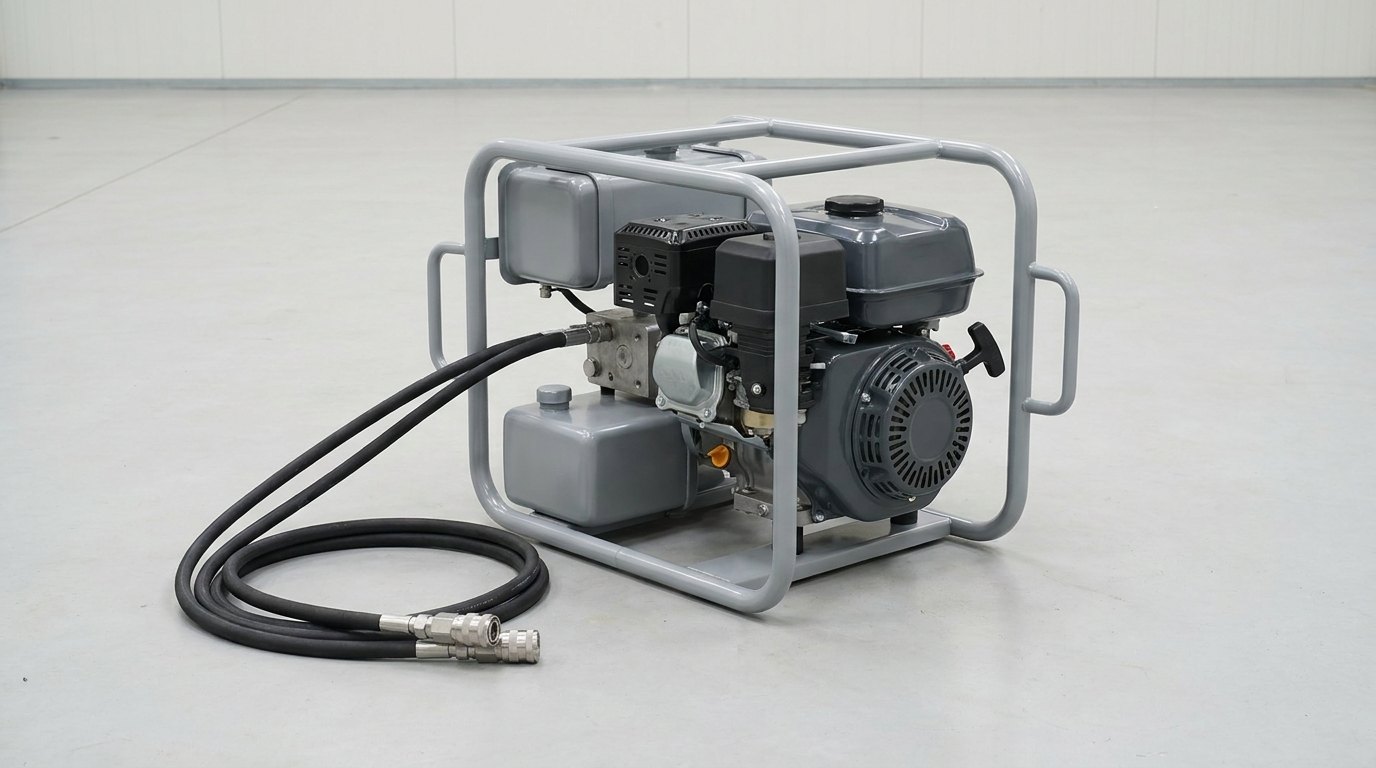 A single portable petrol-engine hydraulic power unit in a clean test hall: a tubular grey steel carrying frame with two side handles holding a small plain petrol engine with a recoil start, a hydraulic pump block, a grey oil reservoir and a grey fuel container, with two plain black hoses and stainless dry-break couplers coiled on the floor beside it, and no people
