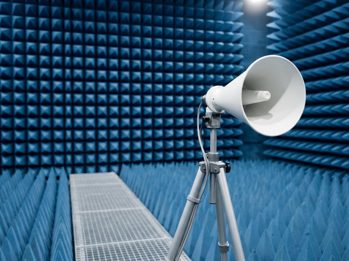 Close view of blue pyramid RF absorber covering a chamber wall and floor walkway, with a reference horn antenna on a tripod in the quiet zone