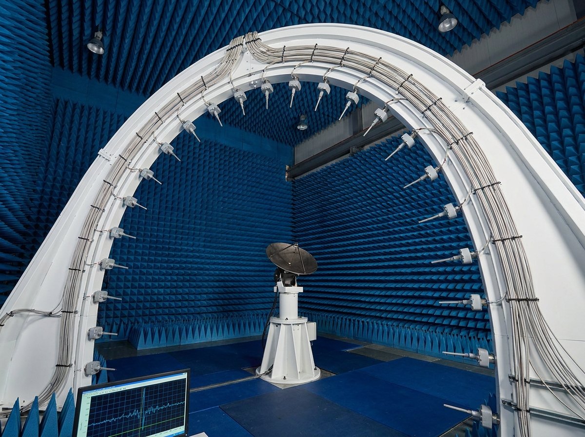 Multi-probe measurement arch inside an anechoic chamber, a ring of small probe antennas on a curved gantry around a positioner carrying a dish antenna