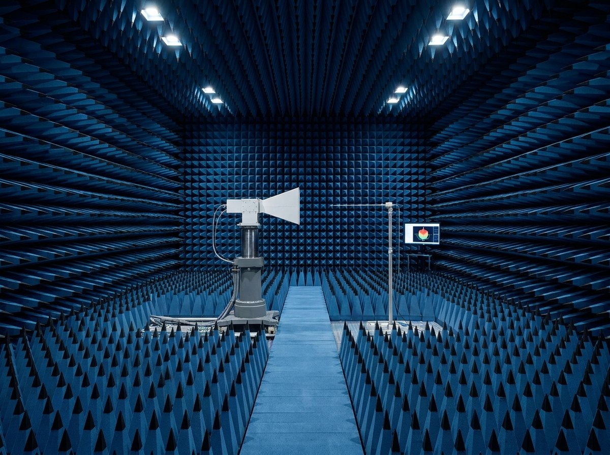 Shielded anechoic chamber lined with blue pyramid absorber, a horn antenna mounted on a roll-over-azimuth positioner at centre facing a probe on a vertical arch