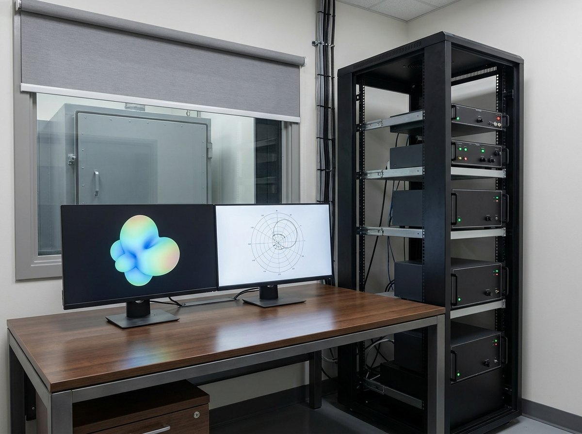 Antenna range control room with microwave instrumentation racks and a workstation showing a plain three-dimensional radiation pattern plot