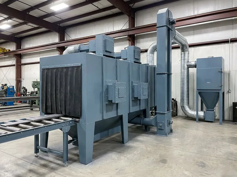Illustrative image, not a delivered installation — an airless wheel-blast machine in a fabrication shop, a heavy steel blast enclosure with a roller conveyor through it, blast-wheel housings, and a bucket elevator and recovery hopper to one side, matte and unmarked, no text and no people