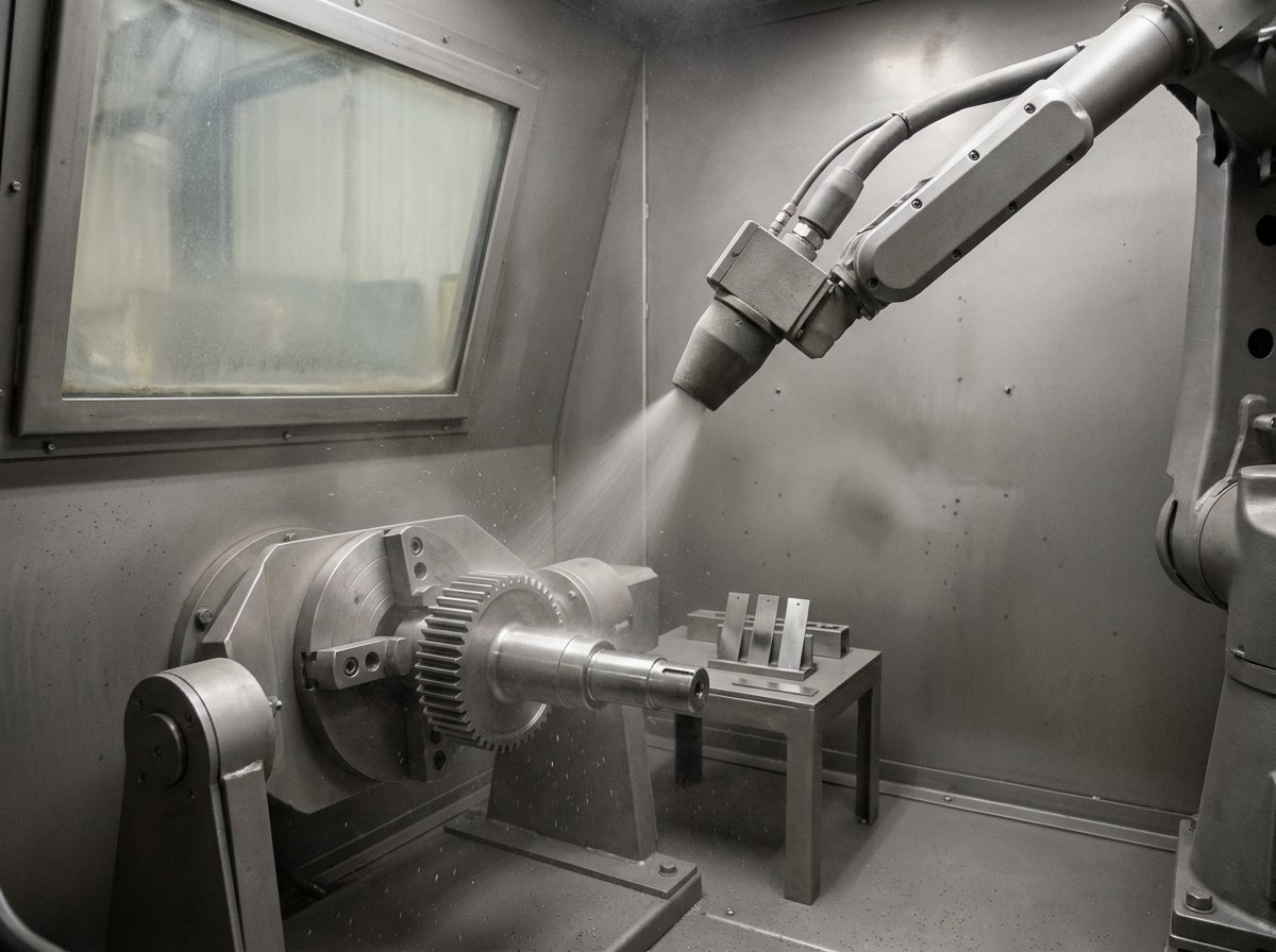 Illustrative image, not a delivered installation — a shot-peening cell: a robot arm directing a stream of round shot at a metal gear component on a rotary fixture inside a cabinet, with Almen test-strip holders on a stand, matte and unmarked, no text and no people