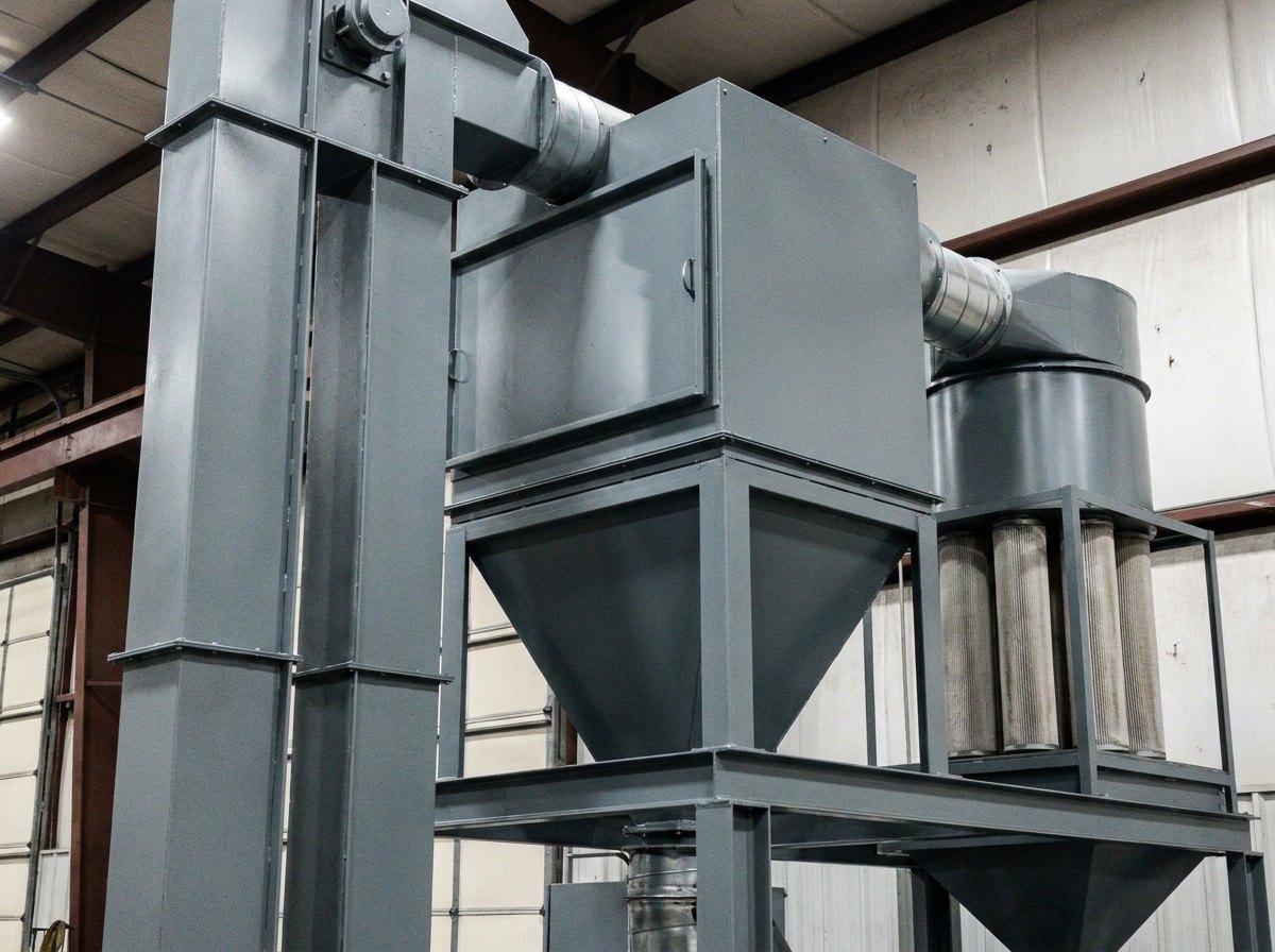 Illustrative image, not a delivered installation — an abrasive recovery and dust system: a tall bucket elevator, an air-wash separator cabinet and a cartridge dust collector with connecting ducting on a steel frame, matte and unmarked, no text and no people