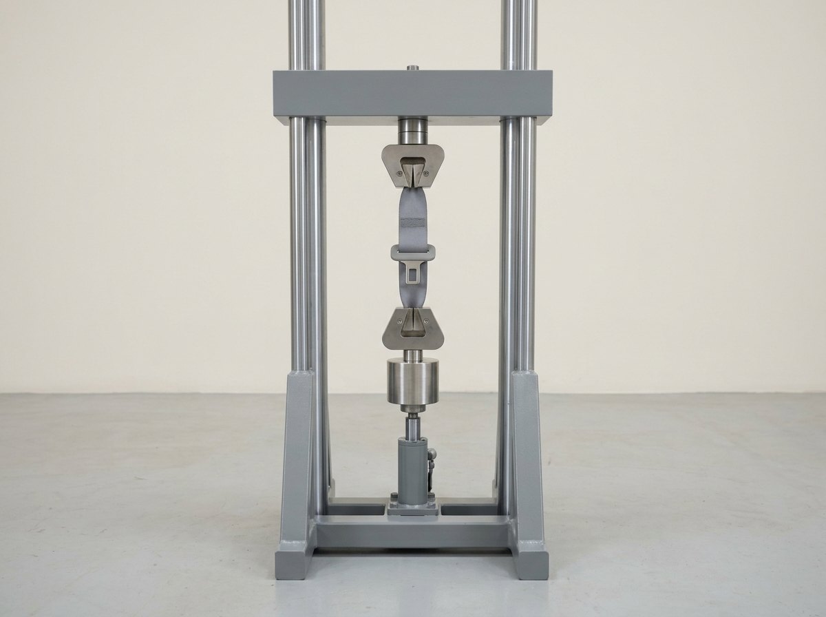 A single two-column vertical tensile test frame holding a plain grey fabric belt strap between two steel wedge grips, with a plain stainless buckle and tongue joined in the middle of the strap, a plain cylindrical load cell below the lower grip and a small hydraulic actuator at the base, and no people