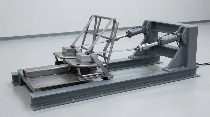 A seat belt anchorage test rig on a test bay floor: a heavy grey steel reaction frame with two hydraulic actuators, and two plain grey straps running from a bare steel seat frame, over two plain steel loading blocks, to the actuators, and no people