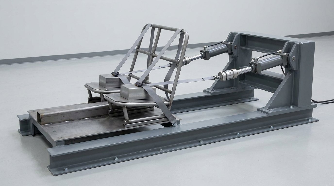 A seat belt anchorage test rig on a test bay floor: a heavy grey steel reaction frame with two hydraulic actuators, and two plain grey straps running from a bare steel seat frame, over two plain steel loading blocks, to the actuators, and no people