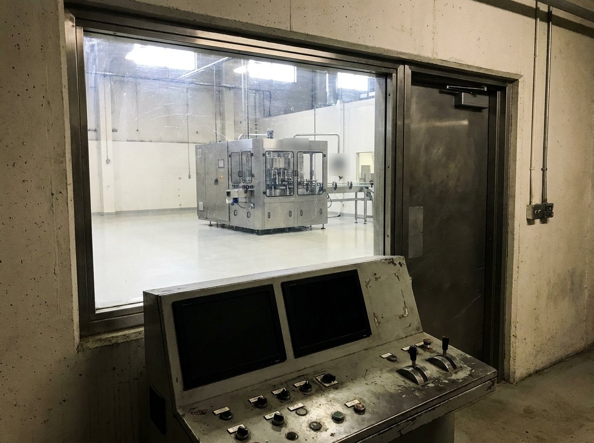 Illustrative image, not a delivered system — a filling bay seen from the control side: a grey steel control desk with two large blank dark screens and plain unmarked controls in the foreground, behind it a heavy pale reinforced concrete wall with a thick laminated viewing window through which the grey and stainless filling machine stands alone in the brightly lit clean bay beyond, a heavy interlocked door beside the window, pale epoxy floor, unattended, no people and no text