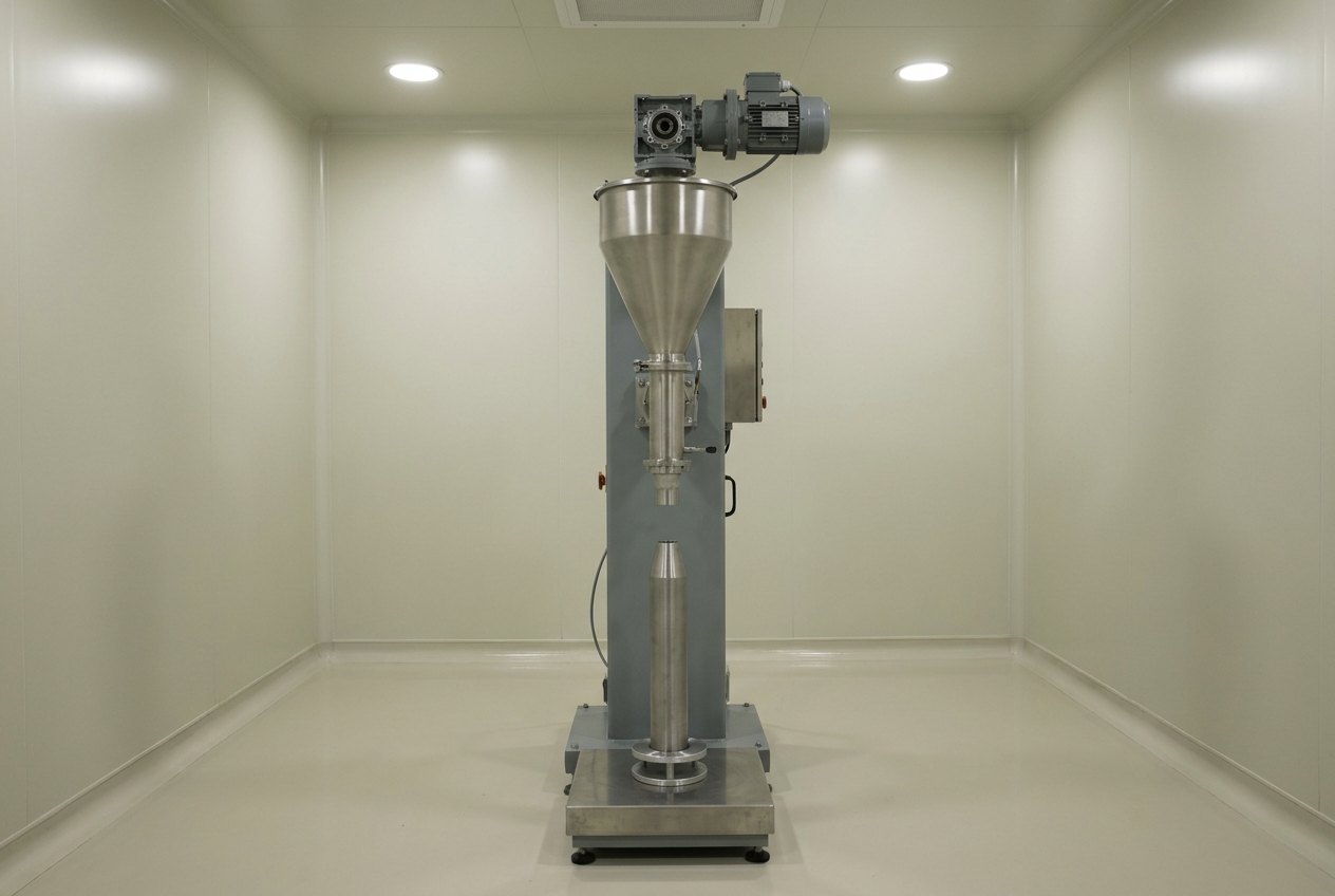 Illustrative image, not a delivered system — a screw filling machine standing alone in a clean process bay: a tall grey and stainless steel frame with a conical hopper feeding a vertical barrel, a servo drive and gearbox at the top, and beneath the nozzle a plain machined steel cylindrical workpiece with a tapered nose upright in a locating fixture on a stainless weighing platform, pale epoxy-coated walls and floor, everything clean, empty and unattended, no people and no text