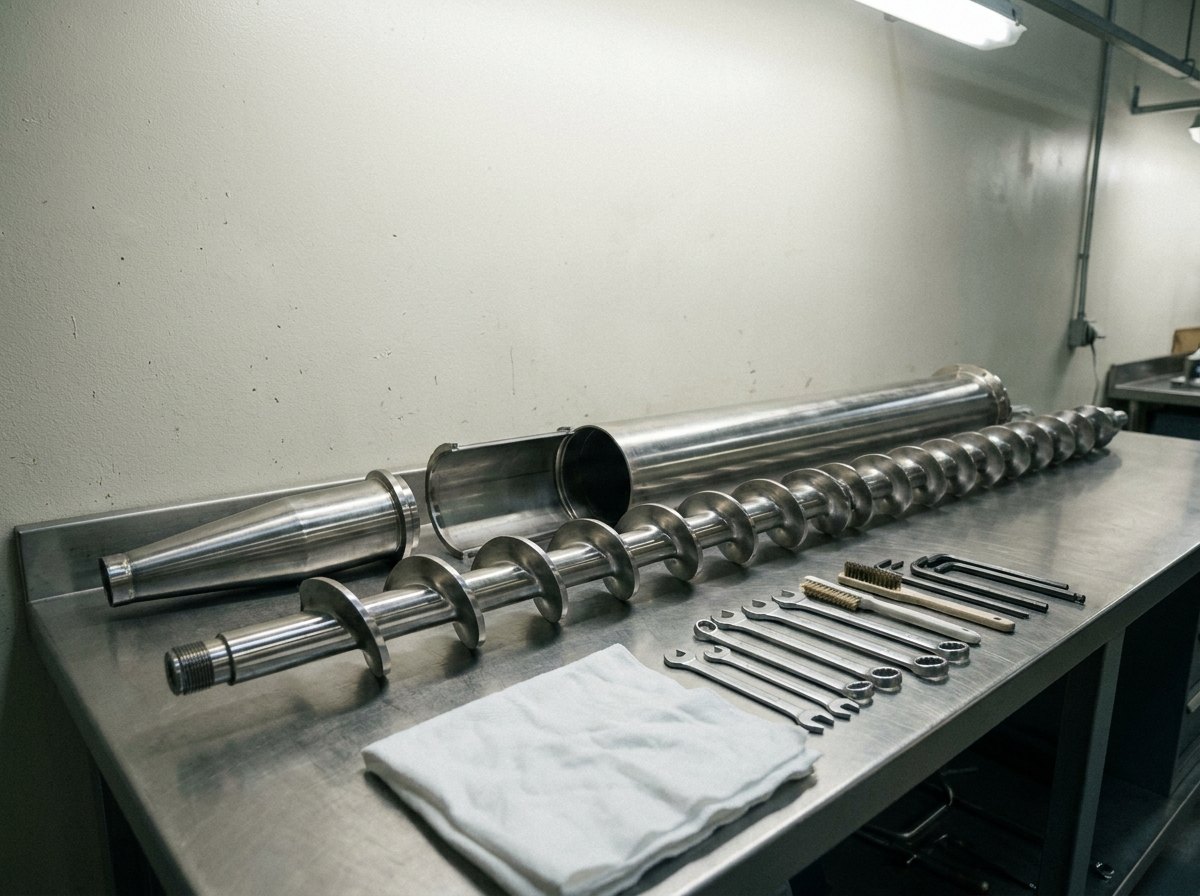 Illustrative image, not a delivered system — a long polished stainless steel auger screw stripped out for cleaning and lying on a clean stainless workbench with a continuous helical flight and bright machined finish, laid beside its opened cylindrical barrel section and a separate tapered nozzle, with clean hand tools and a folded cloth arranged alongside, everything spotless and empty, no people and no text