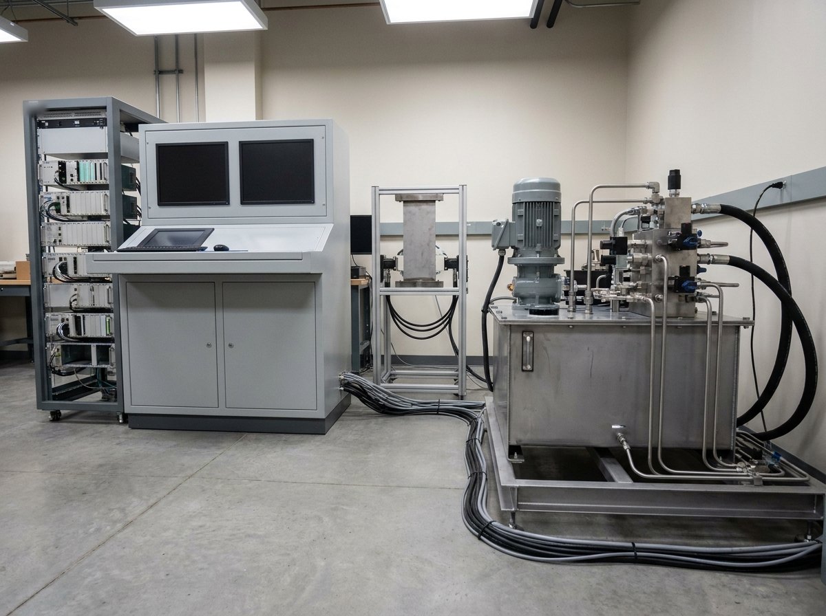 Illustrative image, not a delivered installation — the control side of a servo-hydraulic test system: a digital controller console with plain dark screens beside a hydraulic power pack with a reservoir, pump and manifold, in a clean laboratory, no text and no people