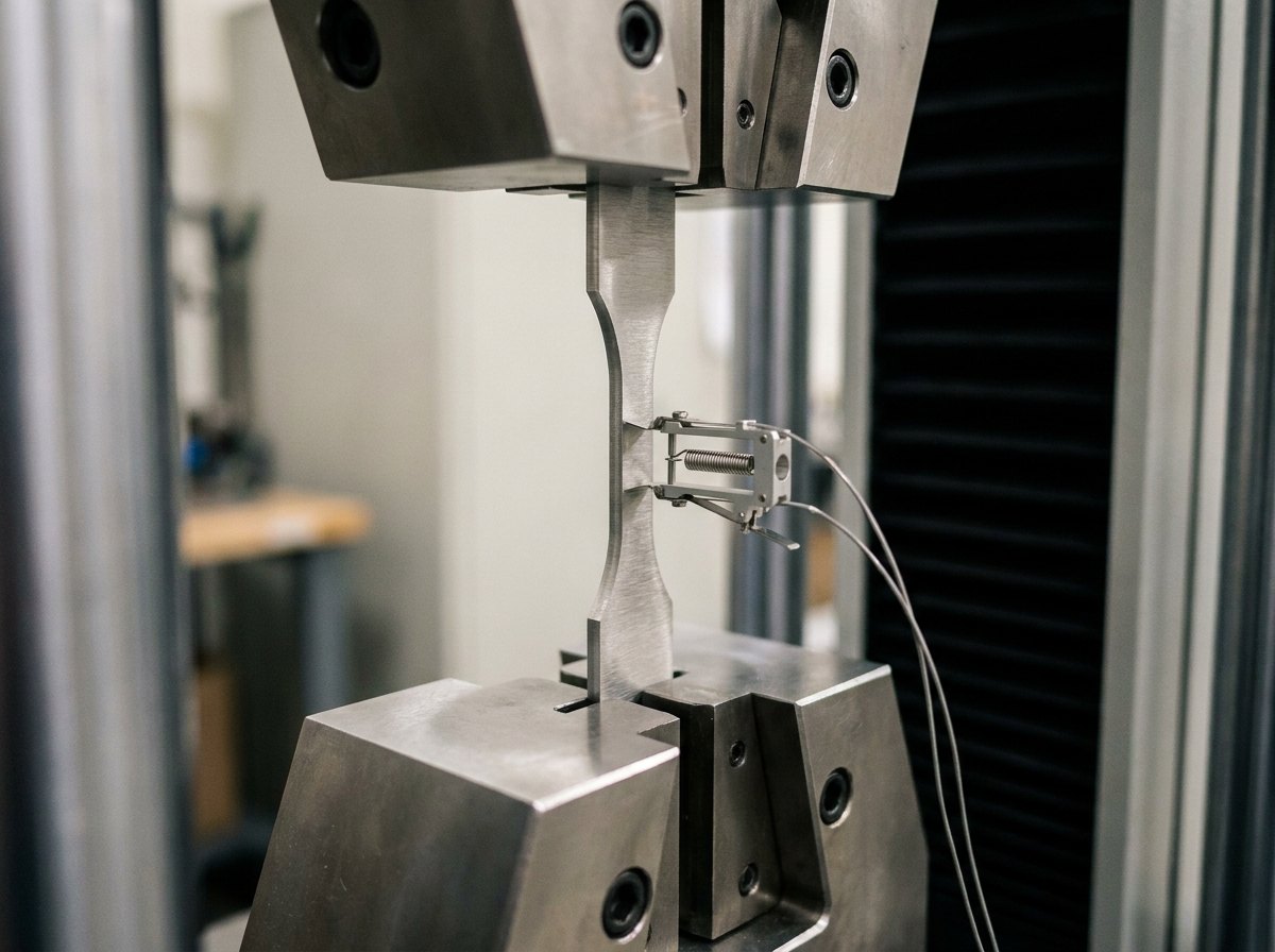 Illustrative image, not a delivered installation — a close view of a metal dogbone test coupon held in hydraulic wedge grips on a servo-hydraulic test frame, with a clip-on extensometer and strain-gauge wiring, no text and no people