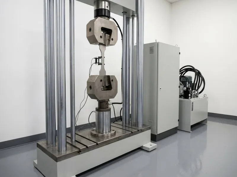 Illustrative image, not a delivered installation — a stiff twin-column servo-hydraulic dynamic test frame with a hydraulic actuator, a metal dogbone test coupon gripped between hydraulic grips with a clip-on extensometer, and a controller cabinet and hydraulic power pack beside it, in a clean materials-test laboratory