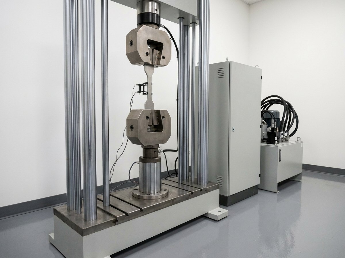Illustrative image, not a delivered installation — a stiff twin-column servo-hydraulic dynamic test frame with a hydraulic actuator, a metal dogbone test coupon gripped between hydraulic grips with a clip-on extensometer, and a controller cabinet and hydraulic power pack beside it, in a clean materials-test laboratory