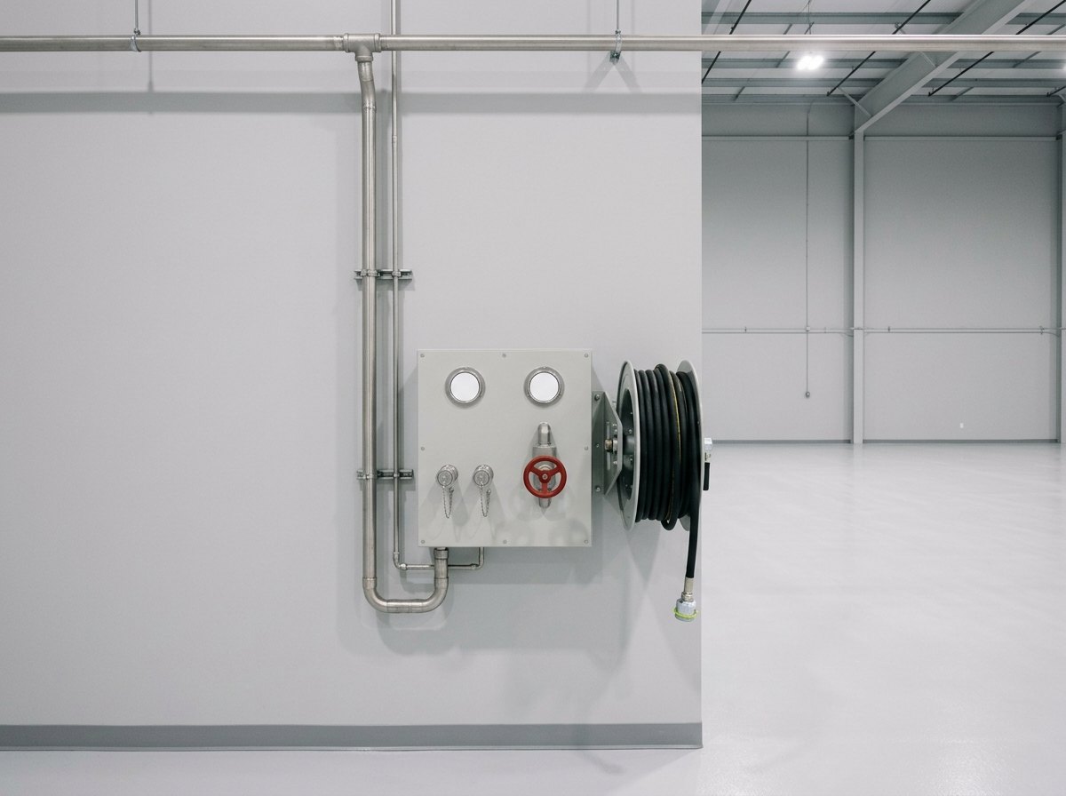 Illustrative of the class — a wide empty aircraft servicing bay with clean pale epoxy floor: on the near wall a light-grey outlet console carrying two plain round gauges with blank white faces, two stainless quick-connect couplings with dust caps on short chains, an isolation valve with a red handwheel, and a large hose reel beside the panel with a neatly wound black hose ending in a capped coupling, stainless supply pipework dropping to the console from high level, the bay floor completely empty with no aircraft present, no people, nothing running and no readable markings