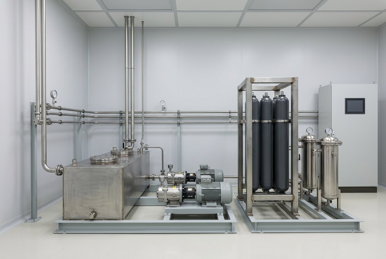 Illustrative of the class — the central plant room of a static hydraulic servicing installation: a long stainless steel reservoir tank with bolted inspection covers on a light-grey steel skid, two identical motor-driven pump sets with coupling guards, a rack of tall black accumulators standing in a bare steel retaining frame, a pair of vertical duplex filter housings with domed tops, bright stainless distribution pipework rising and running away at high level on tidy supports, and a plain control cabinet with a completely blank door, no people, nothing running and no readable markings