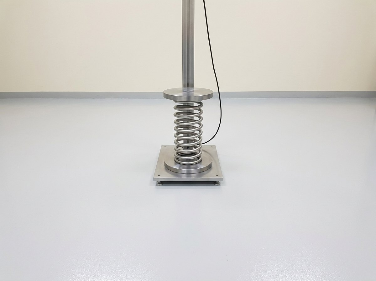 A plain unmarked coil spring clamped between two flat steel platens on a small test fixture, with a thin cable leading away from the top platen, and no people