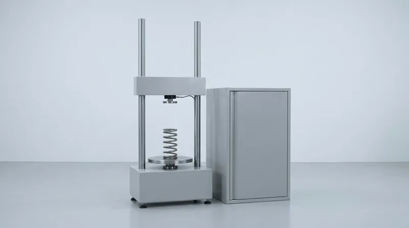 A spring testing machine: two slim steel columns supporting a crosshead, a plain unmarked coil spring resting on the lower platen, and a plain grey electronics cabinet beside the frame, and no people