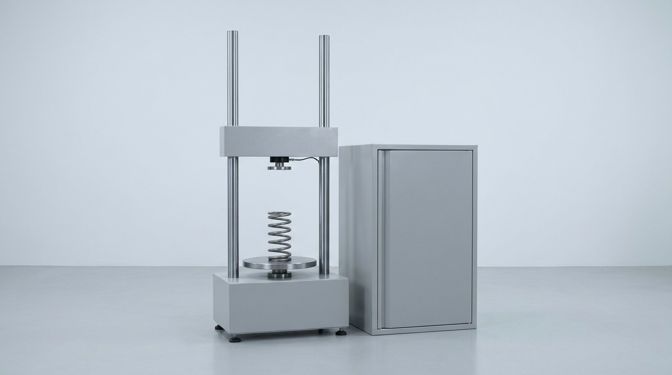 A spring testing machine: two slim steel columns supporting a crosshead, a plain unmarked coil spring resting on the lower platen, and a plain grey electronics cabinet beside the frame, and no people