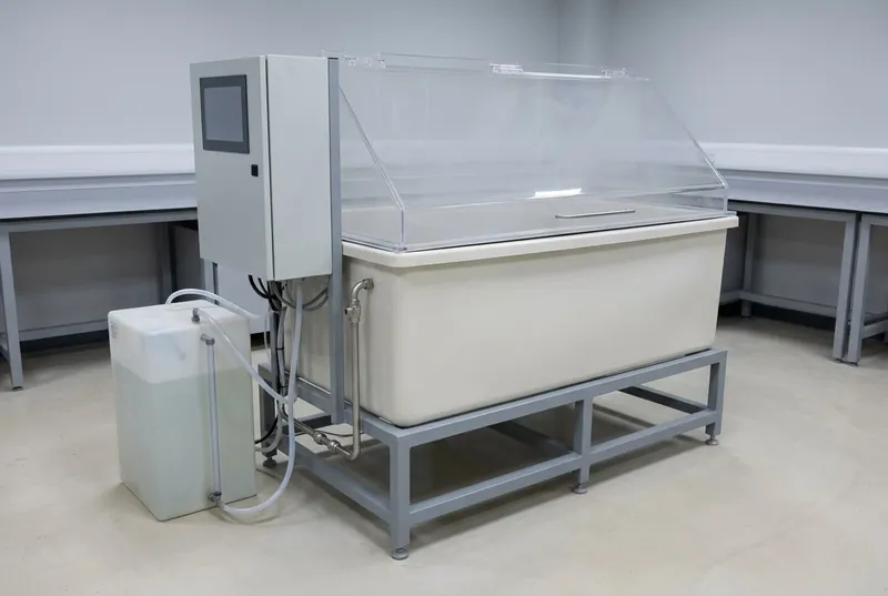 Illustrative of the class — a large rectangular salt fog corrosion test chamber in a clean laboratory: a smooth off-white moulded plastic body on a low grey painted steel stand, a clear transparent acrylic gabled lid closed into a channel around the rim with a faint even mist visible inside, a plain light-grey control enclosure with a blank dark panel at one end, a translucent plastic brine reservoir tank alongside with a clear level tube, and neat runs of translucent tubing and brushed stainless pipe between tank and chamber, no people and no readable markings