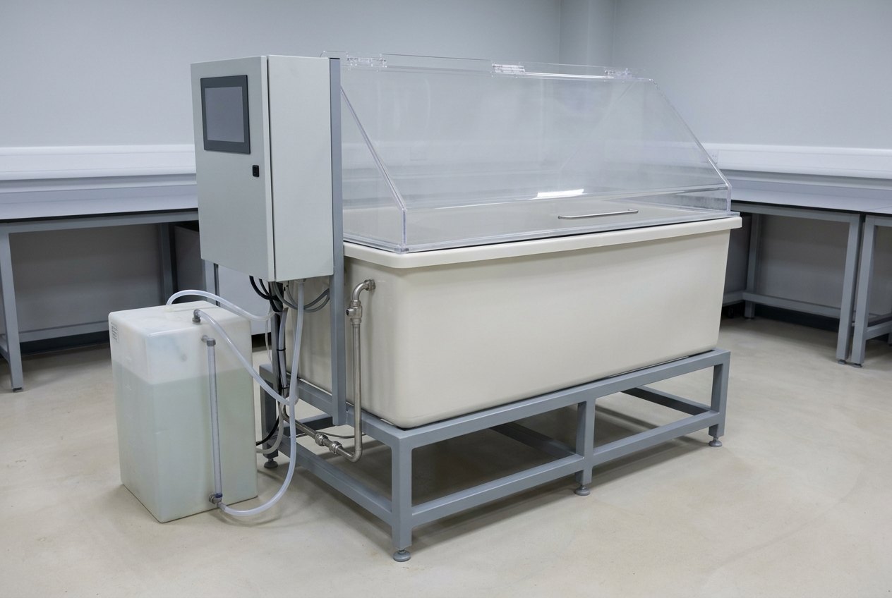 Illustrative of the class — a large rectangular salt fog corrosion test chamber in a clean laboratory: a smooth off-white moulded plastic body on a low grey painted steel stand, a clear transparent acrylic gabled lid closed into a channel around the rim with a faint even mist visible inside, a plain light-grey control enclosure with a blank dark panel at one end, a translucent plastic brine reservoir tank alongside with a clear level tube, and neat runs of translucent tubing and brushed stainless pipe between tank and chamber, no people and no readable markings