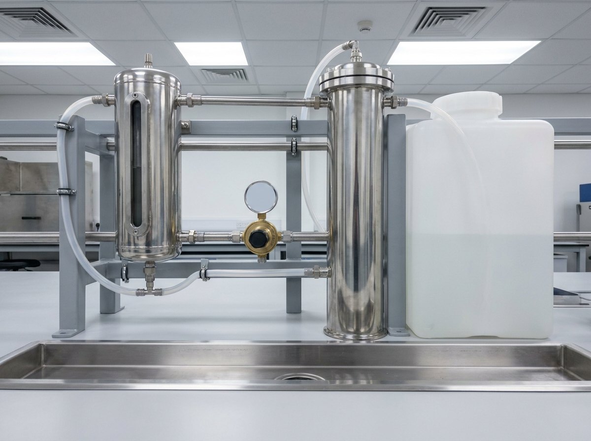 Illustrative of the class — the service side of a corrosion test chamber in a clean laboratory: a tall cylindrical stainless steel air saturator vessel standing upright with a clear sight glass on its side, a translucent plastic brine reservoir beside it, a compact brass and stainless pressure regulator with a blank round gauge face turned partly away, brushed stainless pipework and translucent flexible tubing running between them in tidy parallel runs held by small clips, a plain grey painted steel support frame and a shallow stainless drain tray below, no people and no readable markings
