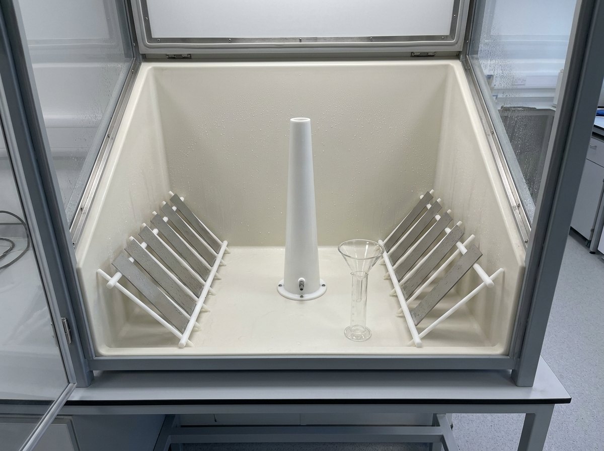 Illustrative of the class — looking down into the open interior of a corrosion test chamber: smooth off-white moulded plastic walls sloping inward, a tall slender conical dispersion tower standing in the centre with a small nozzle at its base, angled specimen racks of white plastic rod on either side holding plain rectangular blank metal coupons leaning back at a consistent angle, and a clear glass funnel seated in a plain glass measuring cylinder standing on the chamber floor to collect the settling fog, all surfaces wet with a fine even condensate, no people and no readable markings
